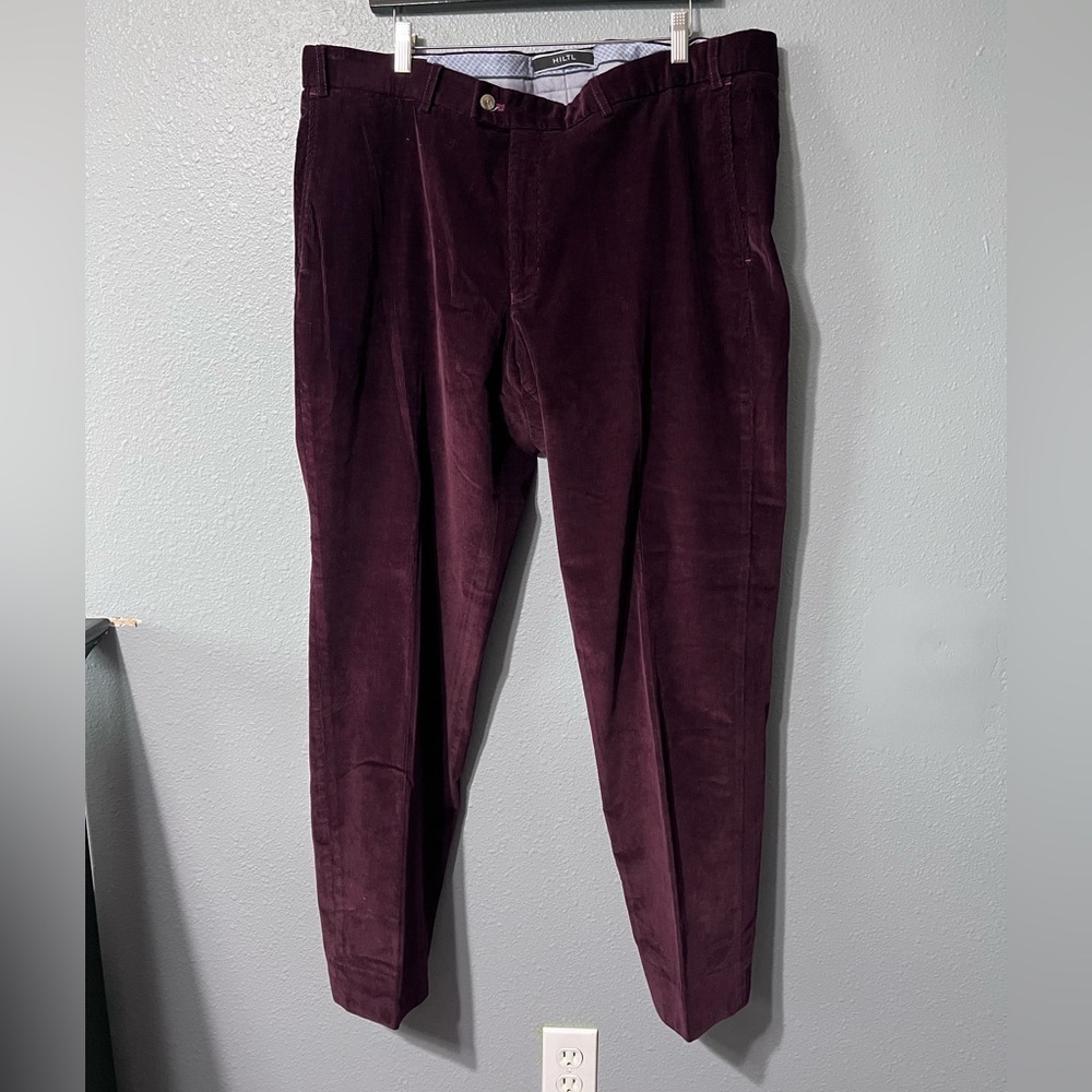 NWOT HILTL Men’s Maroon Corduroy Pants Flat Front Trousers Sz 42x31 Work Travel